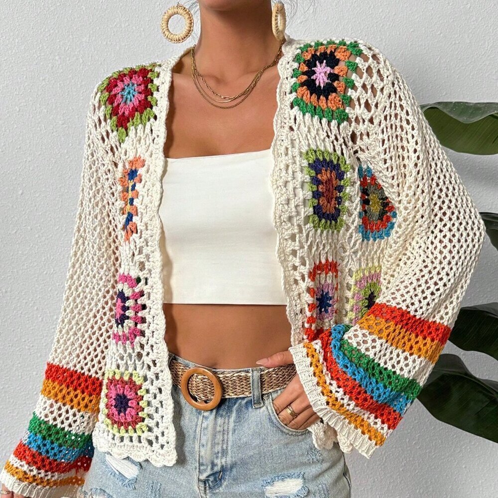 Multicolor Casual Womens Braided Hollow Out Holiday Long Sleeve Open Cardigan